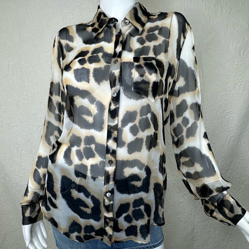 Equipment Femme Black and Cream Silk Sheer Leopard Button-Down Shirt
